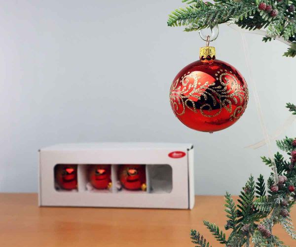 4 Christbaumkugeln Rot mit Dekor Ø 6cm