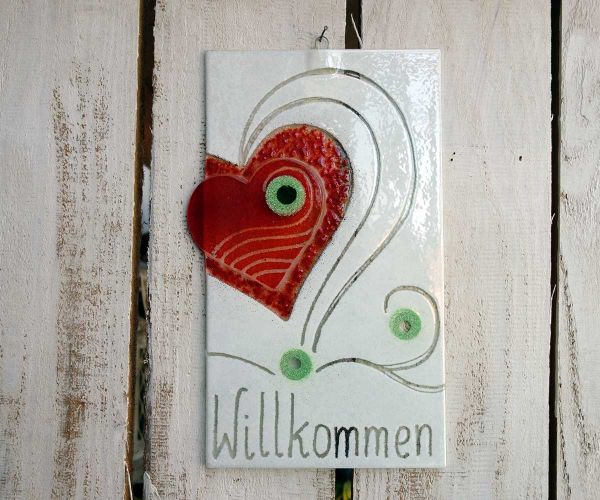 Glasschild "Willkommen" mit Herz