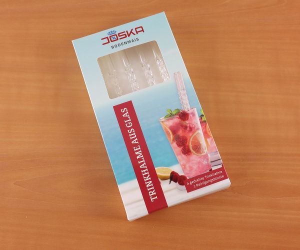 5tlg. Set gedrehte Trinkhalme aus Glas inkl. Reinigungsbürste