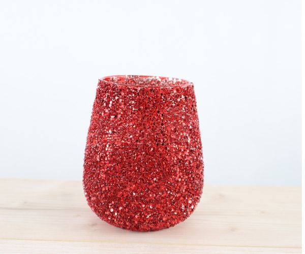 Windlicht aus Glas mit Pailletten in Rot