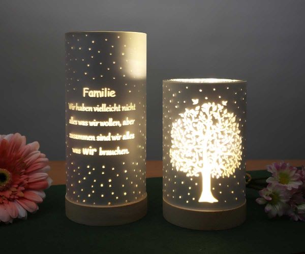 LED Windlicht weiß mit Baum und Text "Familie"