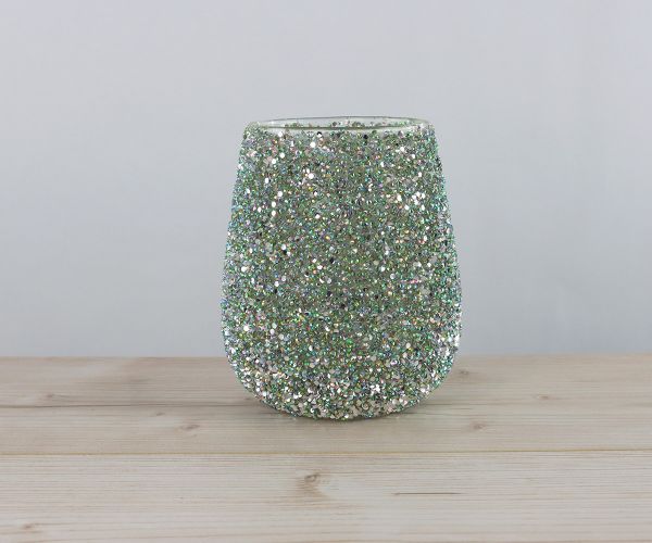 Windlicht aus Glas mit Pailletten silber