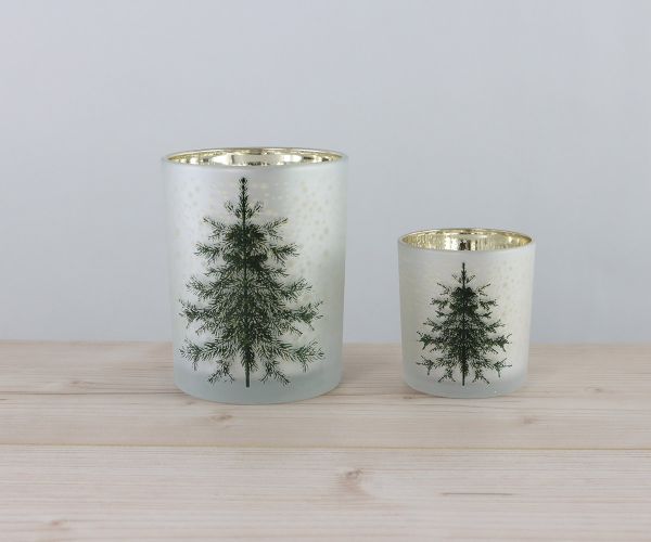 2er Set Windlichter weiß mit Tanne