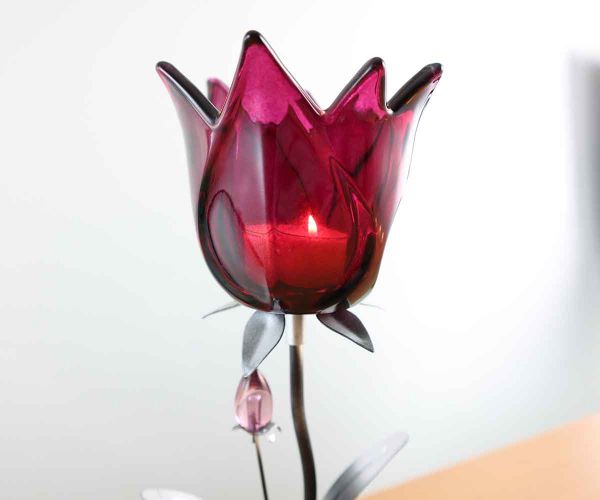 Teelichthalter mit lila Glasblüte 25 cm