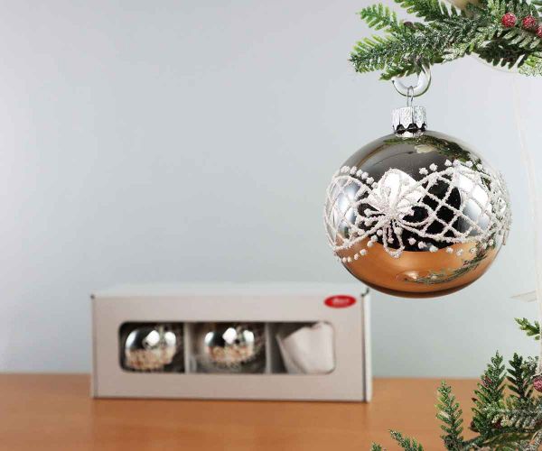 3 Christbaumkugeln silber mit Dekor Ø 8cm