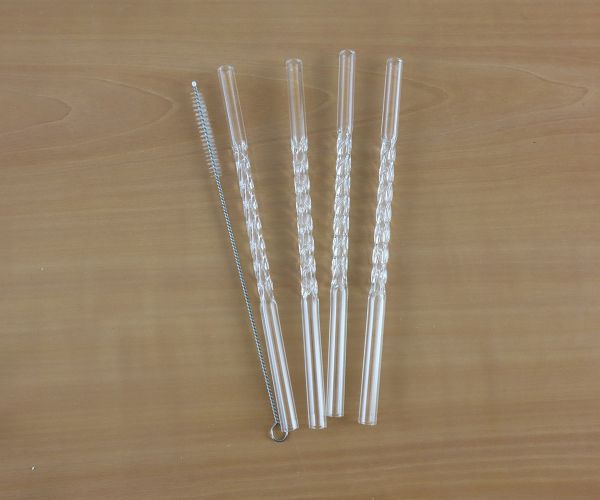 5tlg. Set gedrehte Trinkhalme aus Glas inkl. Reinigungsbürste