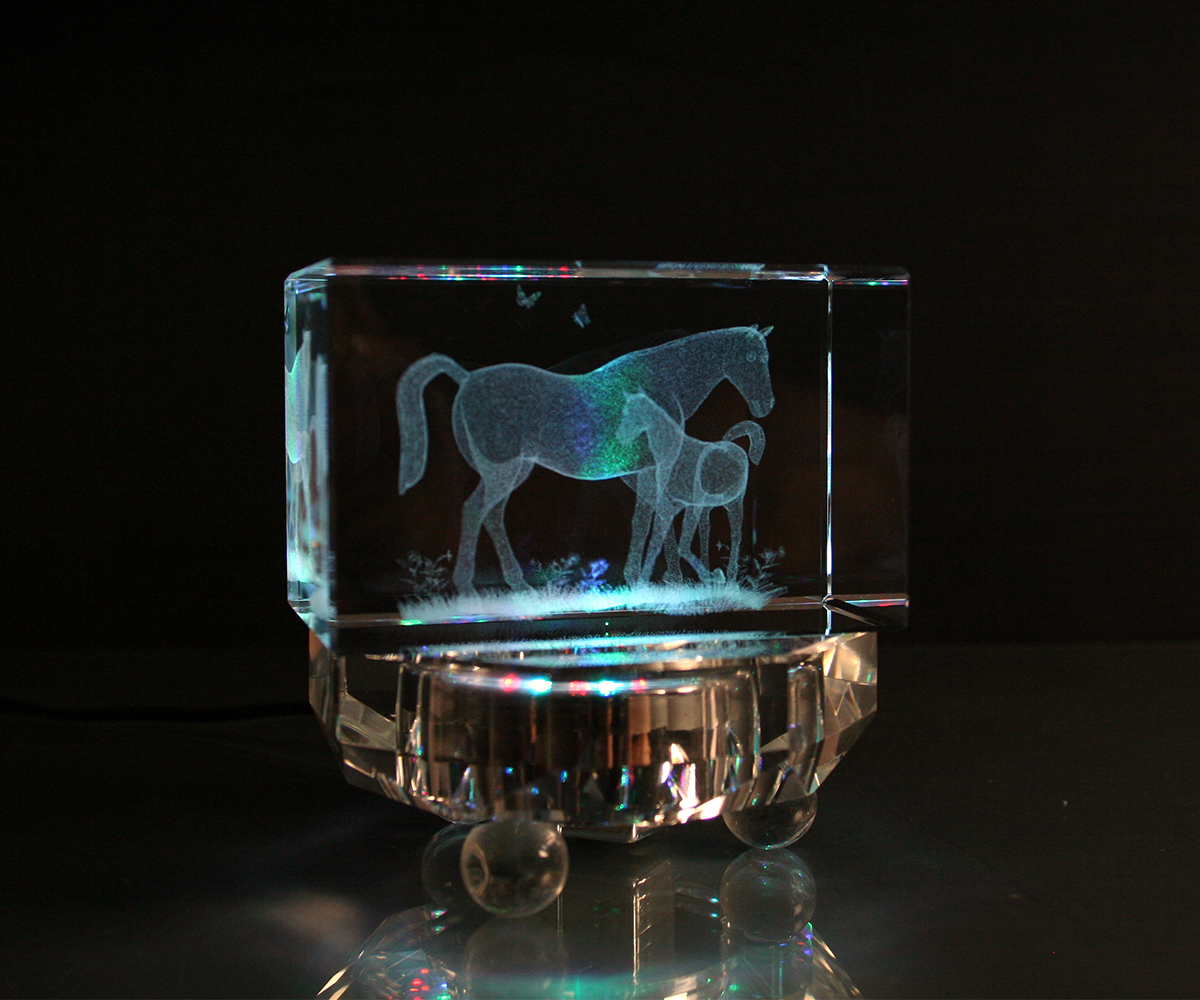 3D KRISTALLGLAS QUADER Kristall Glas Laser Pferde Galoppieren Wiese 