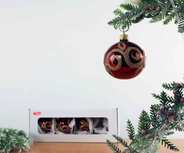 4 Christbaumkugeln Ochsenblut mit Dekor Ø 6 cm