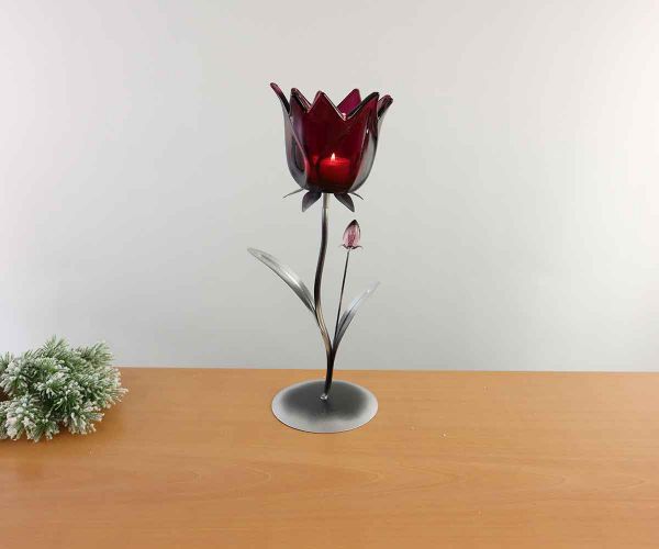 Teelichthalter mit lila Glasblüte 30 cm