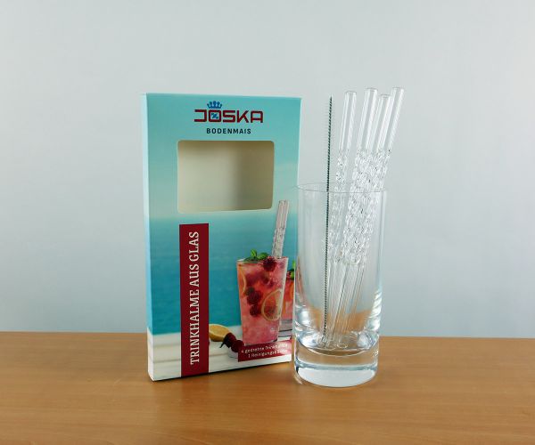 5tlg. Set gedrehte Trinkhalme aus Glas inkl. Reinigungsbürste