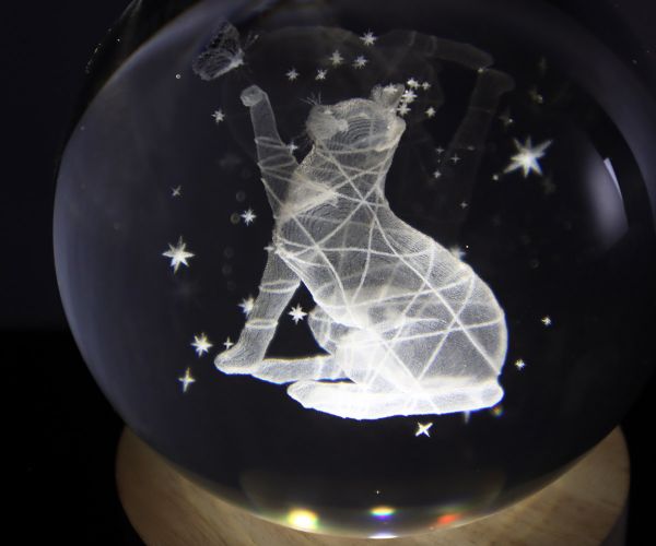 Glaskugel mit 3D-Katze inkl. Holz LED-Untersetzer