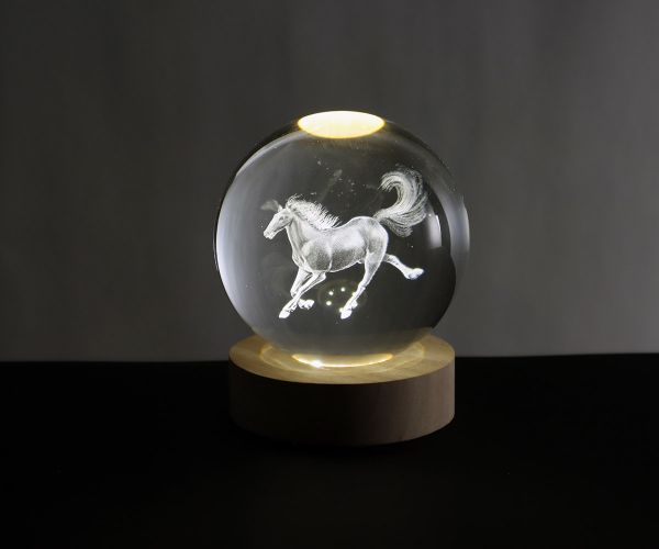 Glaskugel mit 3D-Pferd inkl. Holz LED-Untersetzer