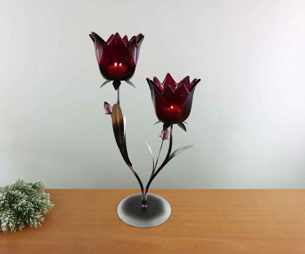 2er Teelichthalter mit lila Glasblüten