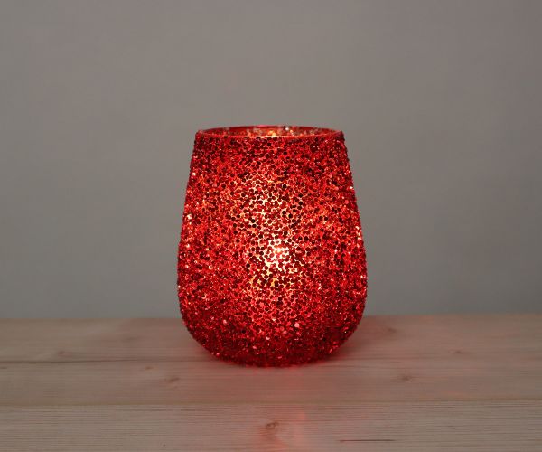 Windlicht aus Glas mit Pailletten in Rot