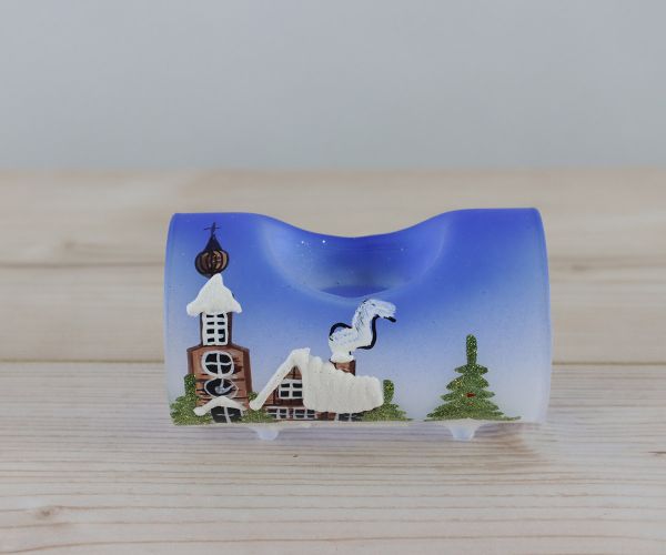 Teelichtröhre Kirche im Schnee Blau