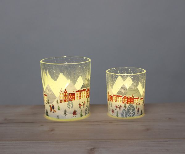 2er Set Windlichter klar mit Winterdorf