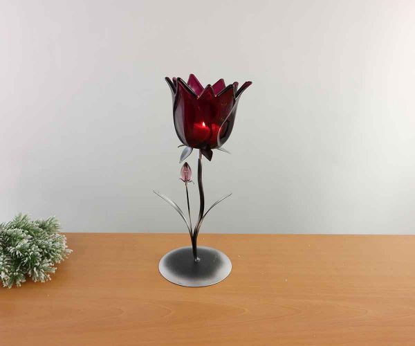 Teelichthalter mit lila Glasblüte 25 cm